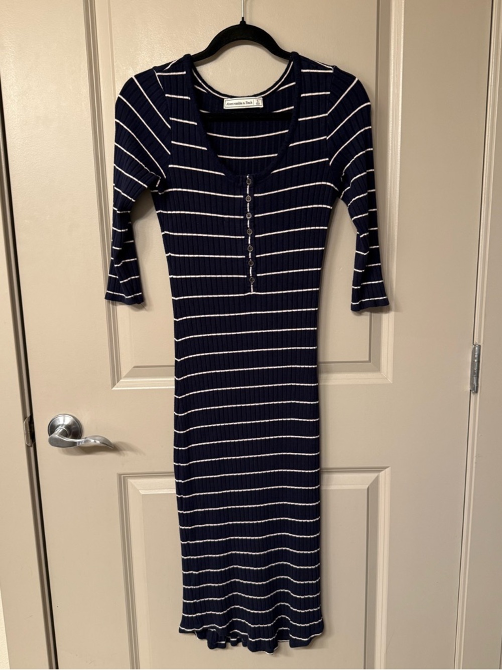Abercrombie & Fitch Navy and White Striped Ribbed Henley Midi Dress
